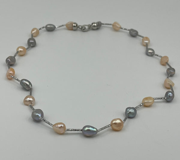 Natural Silver Baroque Pearl Gemstone and Silver Twisted Tubes Beaded Necklace