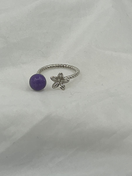 Natural Charoite Gemstone Round and Flower Sterling Silver Adjustable Ring