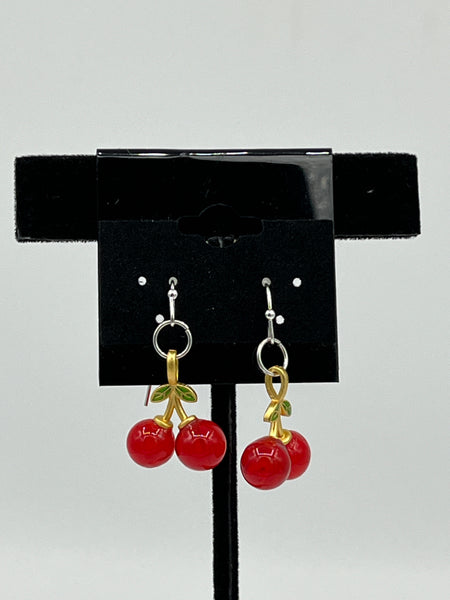 Lampworked Glass Red Cherries Fruit Sterling Silver Dangle Earrings