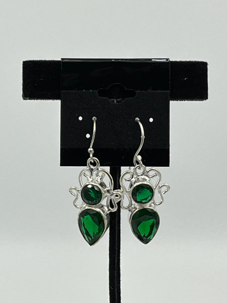 Natural Chrome Diopside Gemstone Round and Teardrop Sterling Silver Earrings