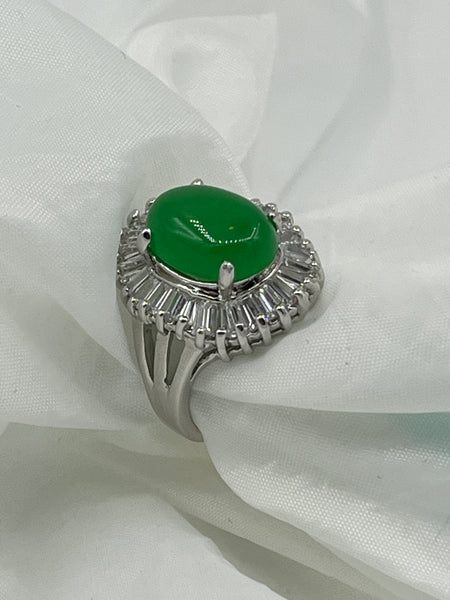 Natural Chrysoprase Gemstone Oval and CZ Sterling Silver Size 9 Ring