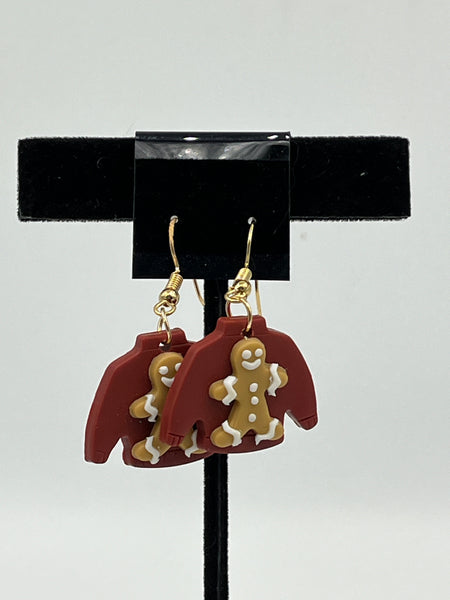 Red Clay Christmas Holiday Sweater with Gingerbread Silvertone Dangle Earrings