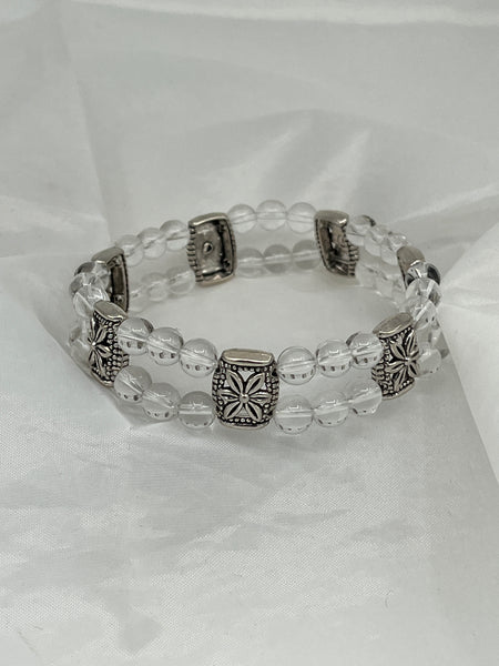 Natural Clear Quartz Gemstone and Silver Flower 2 Strand Beaded Stretch Bracelet