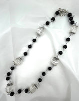 Natural Black Onyx and Clear Quartz Gemstone Round Beaded Link Necklace