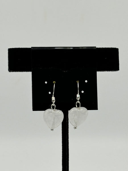Natural Clear Quartz Gemstone Heart Beaded Sterling Silver Dangle Earrings