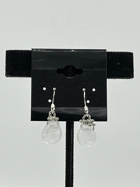Natural Clear Quartz Gemstone Teardrops Beaded Sterling Silver Dangle Earrings