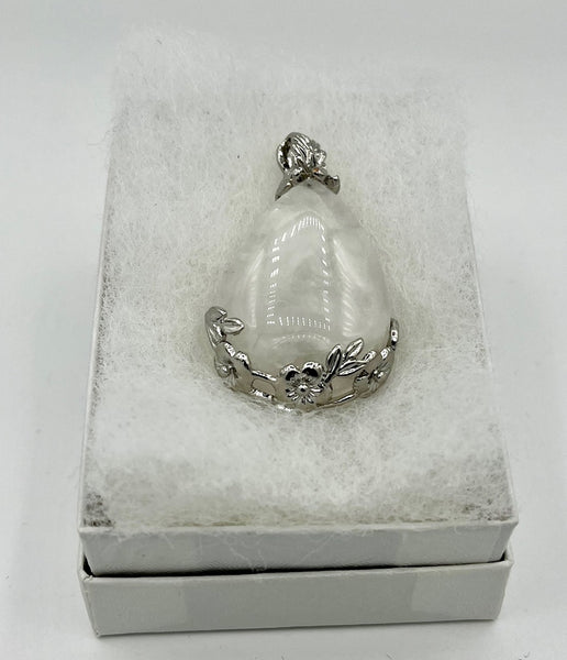 Natural Clear Quartz Gemstone Teardrop Pendant in Floral Setting