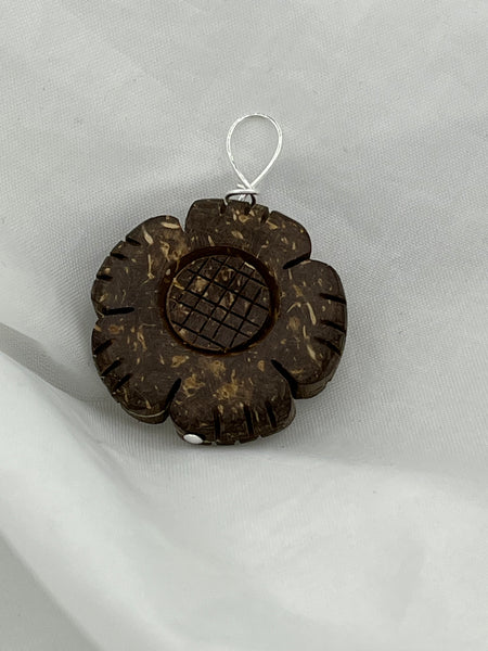 Natural Coconut Shell Carved Flower Pendant