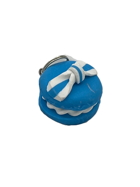 Polymer Clay Blue and White 3D Cookie Food Pendant with Striped Frosting Bow