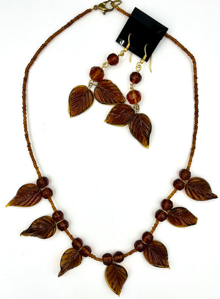 Gold Tone Copper and Brown Glass Leaf Beaded Necklace and Dangle Earrings Set