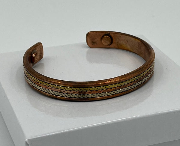 Copper Cuff Bangle Bracelet with Silver and Gold Tone Lines Magnetic Ends