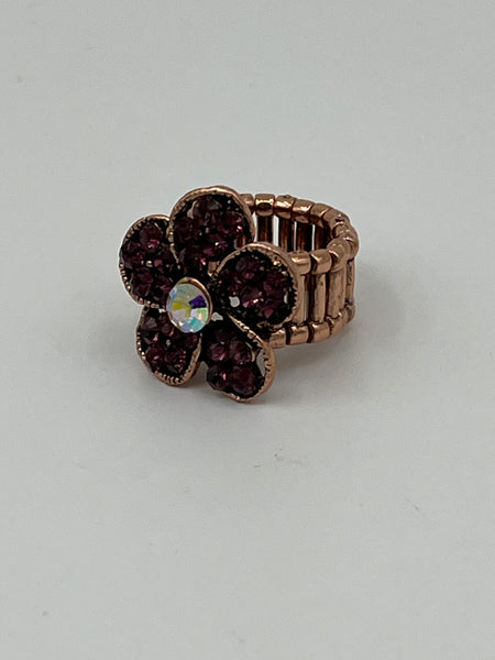 Copper Metal Red and Clear CZ Flower Adjustable Stretch Ring