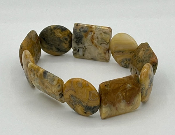 Natural Crazy Lace Agate Gemstone Disk and Square Beaded Stretch Bracelet