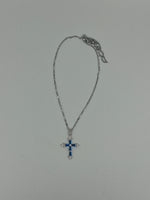 Blue CZ Stone and Silver Tone Cross Pendant on Chain Necklace Church Member Gift