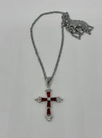 Silver Tone Cross with Red CZ Stones Pendant on Chain Necklace