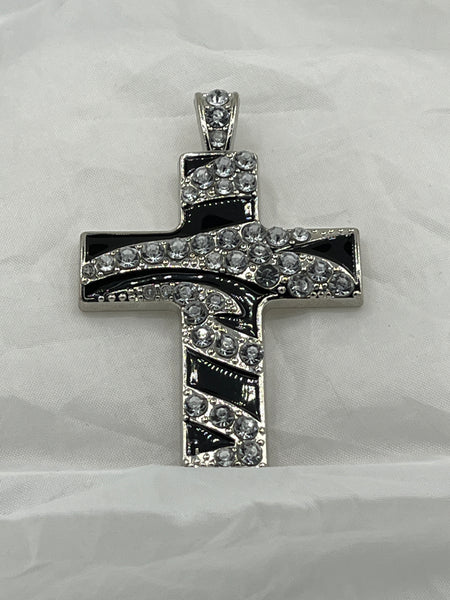 Silver Tone and Blue CZ Stone Cross Pendant on Chain Necklace