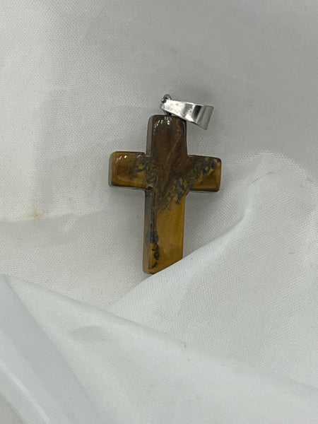 Natural Tiger Eye Gemstone Small Carved Cross Pendant