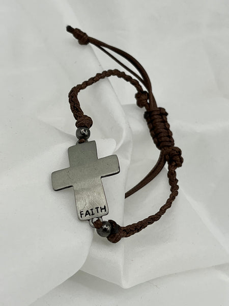 Gunmetal Cross with Faith and Brown Cotton Cord Adjustable Macrame Bracelet