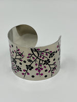 Silvertone Wide Cuff Bracelet with Painted Japanese Cherry Blossom Flower Design