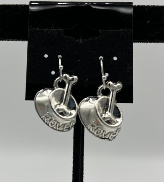 Silvertone Dog Bowl and Bone Charm Dangle Earrings with Sterling Silver Hooks