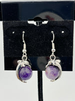 Silvertone 3D Dolphin on Natural Amethyst Gemstone Ball Dangle Earrings