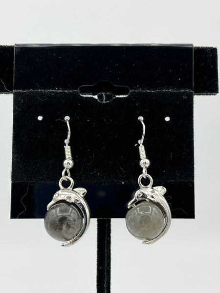 Silver 3D Dolphin on Natural Labradorite Gemstone Ball Dangle Earrings