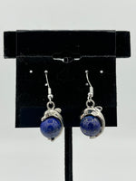 Silvertone 3D Dolphin Riding Natural Lapis Gemstone Ball Dangle Earrings