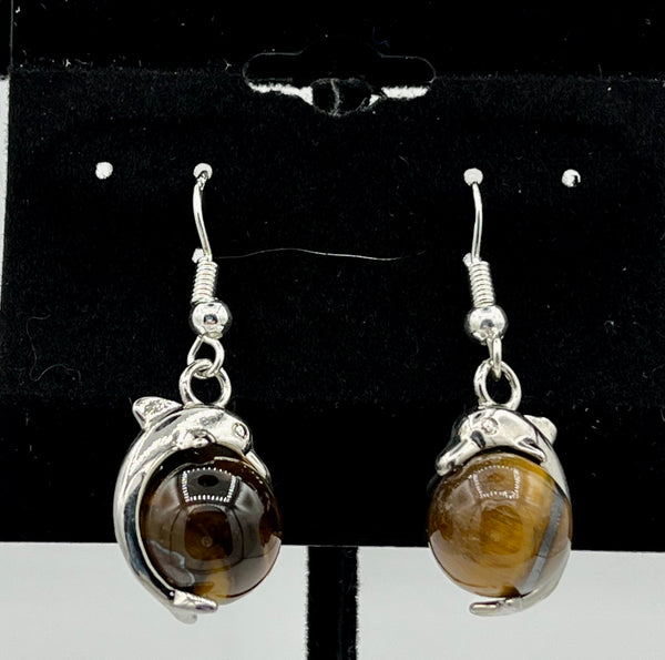 Silver 3D Dolphin on Natural Tiger Eye Gemstone Ball Dangle Earrings