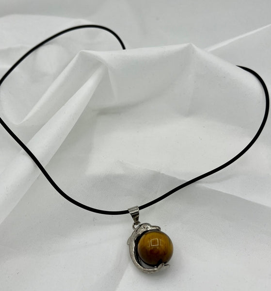 Silvertone Dolphin on Natural Tiger Eye Gemstone Ball Pendant on Leather Cord