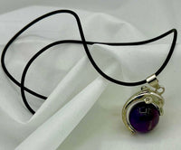 Silvertone Dolphin on Natural Amethyst Gemstone Ball Pendant on Leather Cord