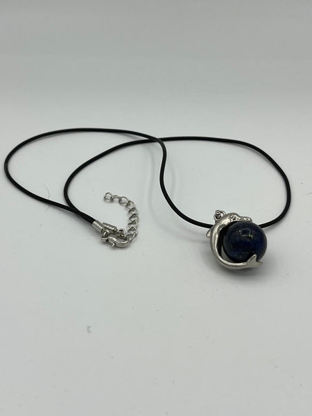 Silvertone Dolphin on Natural Lapis Gemstone Ball Pendant with Leather Cord