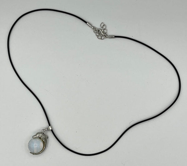 Silvertone Dolphin on Natural White Opal Gemstone Ball Pendant on Leather Cord