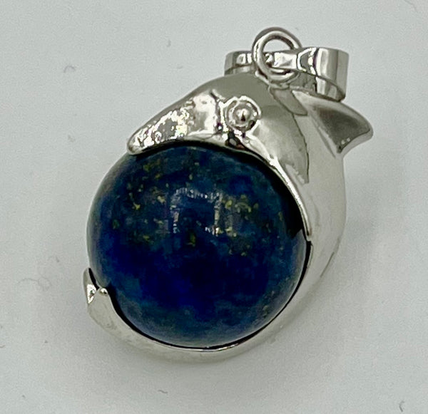 Silvertone Dolphin Riding Natural Lapis Gemstone Ball Pendant