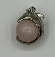 Silvertone Dolphin on Natural Rose Quartz Gemstone Ball Pendant