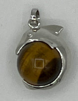 Silvertone Dolphin Riding Natural Tiger Eye Gemstone Ball Pendant