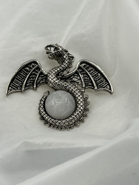 Silvertone Dragon Pendant with Natural Clear Quartz Gemstone Round Cabochon