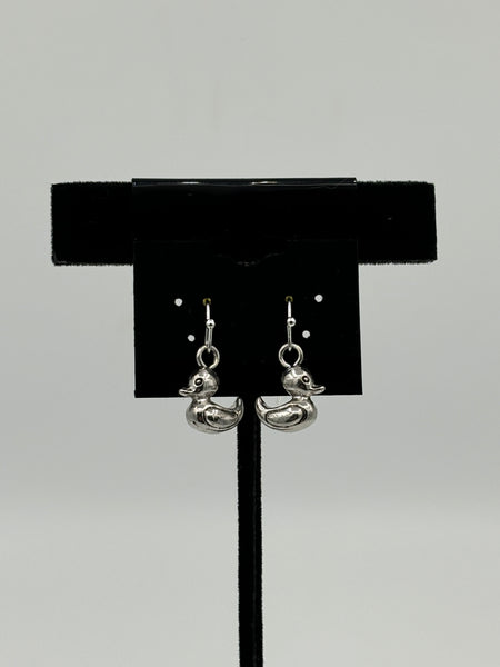 Silver Tone 3D Duck Charm Dangle Earrings with Sterling Silver Hooks