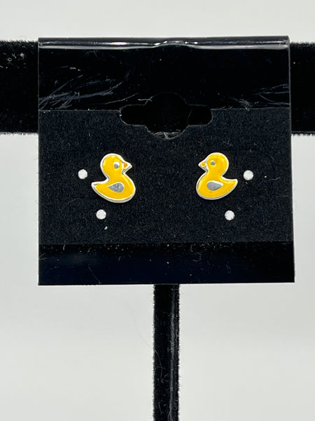 Dainty Sterling Silver and Yellow Enamel Duck Stud Post Earrings