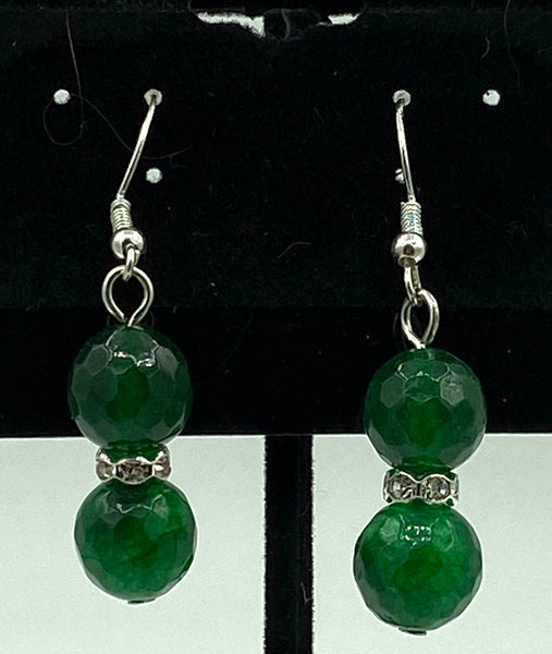 Natural Emerald Gemstone Faceted Beaded Sterling Silver Dangle Earrings