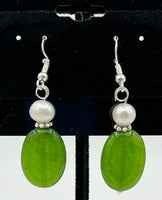 Natural Emerald Gemstone Oval and White Pearl Beaded Sterling Silver Earrings