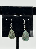 Natural Emerald Gemstone Carved Leaf Sterling Silver Dangle Earrings