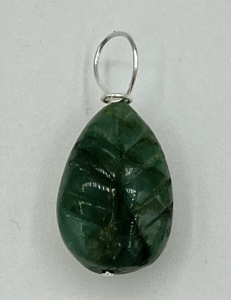 Natural Rough Emerald Gemstone Teardrop Shaped Dainty Carved Leaf Pendant