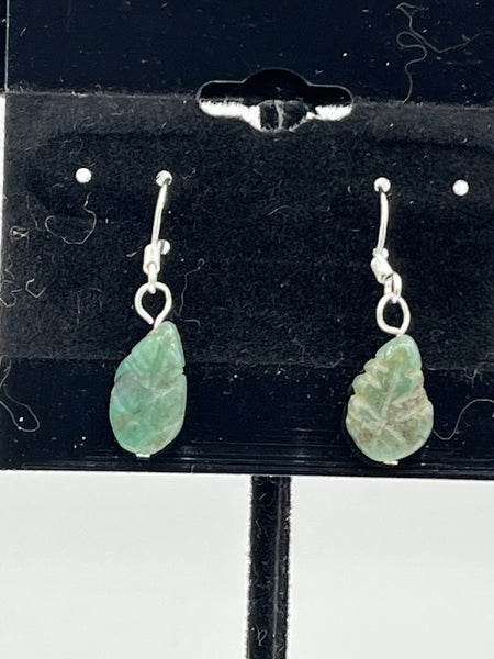 Natural Emerald Gemstone Tiny Carved Leaf Sterling Silver Dangle Earrings