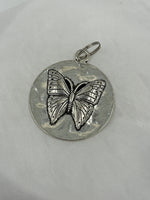 Silver Tone Metal Disk Pendant with Butterfly Design