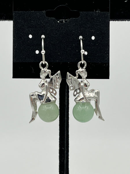 3D Fairy Sitting on Green Aventurine Ball Sterling Silver Dangle Earrings