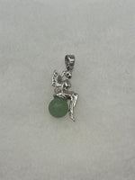 Silvertone 3D Fairy on Natural Green Aventurine Gemstone Ball Pendant