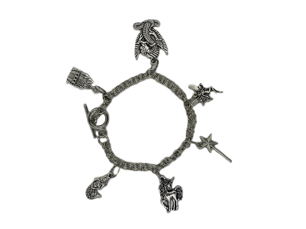 Silvertone Fantasy Themed Charm Bracelet Mermaid Unicorn Dragon Castle