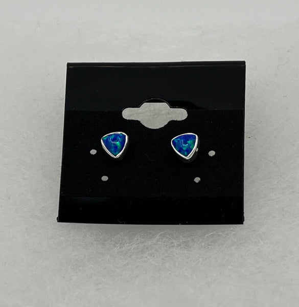 Natural Fire Opal Gemstone Triangle Cabochon Sterling Silver Stud Earrings