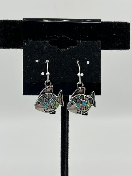 Silvertone Fish With Blue and Green CZs Charm Dangle Earrings