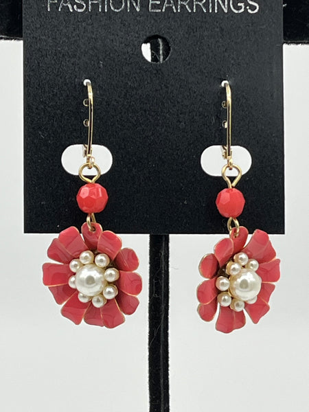 Acrylic Pearl Red Glass and Enamel Flowers Goldtone Leverback Dangle Earrings